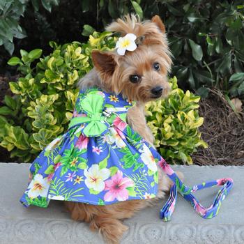 Twilight Black Hawaiian Hibiscus Dog Dress with Matching Leash by Doggie Design