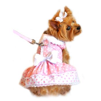 Pink Polka Dot and Lace Designer Dog Harness Dress by Doggie Design