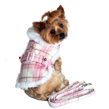 Plaid Fur-Trimmed Dog Harness Coat – Pink and White